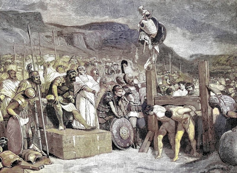 Battle of the Caudine Forks, 321 BC, a decisive event of the Second Samnite War. Romans forced through the Caudine Yoke, Caudine Yoke, Humiliation, Illustration from 1894, Reproduction, digitally enhanced, Historical