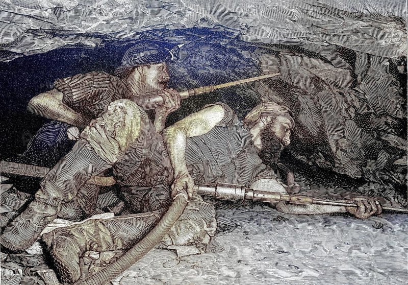 Mine, mining of slate, copper slate, miners, removal, with chisels, mine in Mansfeld, near Goslar, Germany, illustration from 1894, reproduction, digitally enhanced, historical