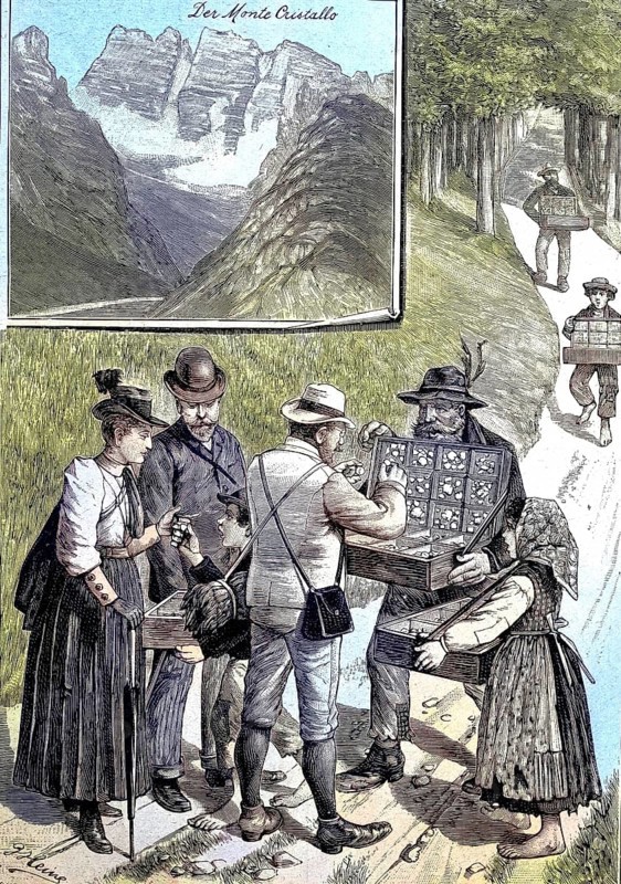 Monte Cristallo, crystal mountain, a mountain in the Italian Dolomites, north-east of Cortina d'Ampezzo, in the province of Belluno, Veneto, Italy. A seller offers rock crystal to tourists, historical picture or illustration from 1894, reproduction, digitally enhanced, historical