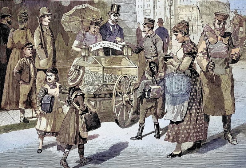 Sale of tickets, lottery tickets for the lottery in the streets of Berlin, Germany, illustration from 1894, reproduction, digitally enhanced, historical