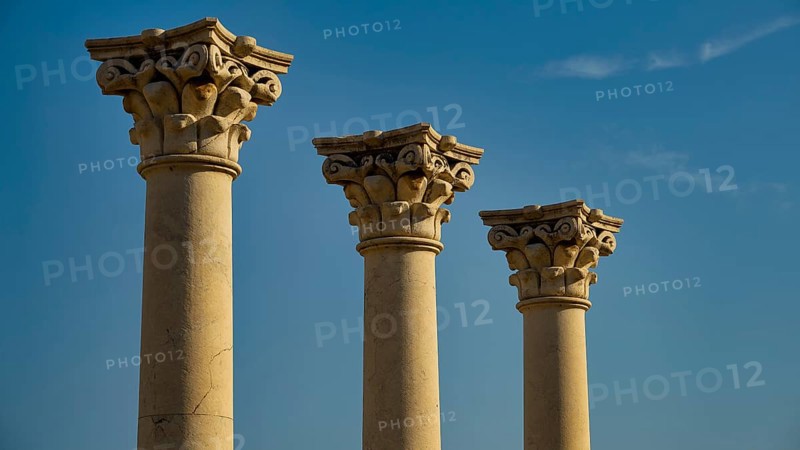 Three ornate ancient columns rising against the blue sky, Temple of Apollo, Corinthian Columns, Asklipion, Asklepieion, Healing Temple, Temple, Hippocrates, Kos, Dodecanese, Greek Islands, Greece