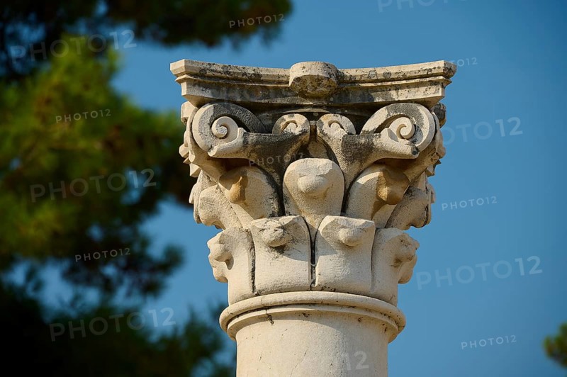 Close-up of an ornate capital in front of a clear sky, Temple of Apollo, Corinthian columns, Asklipion, Asklepieion, temple, Hippocrates, Kos, Dodecanese, Greek Islands, Greece