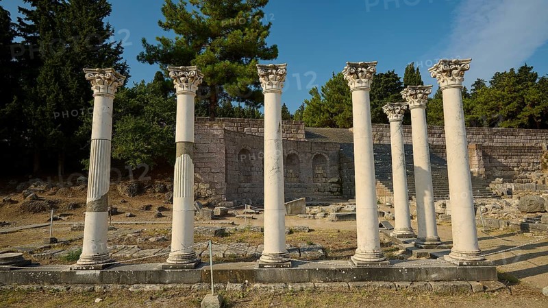 Row of ancient columns in front of a stone building and green forest, Temple of Apollo, Corinthian Columns, Asklipion, Asklepieion, Healing Temple, Temple, Hippocrates, Kos, Dodecanese, Greek Islands, Greece