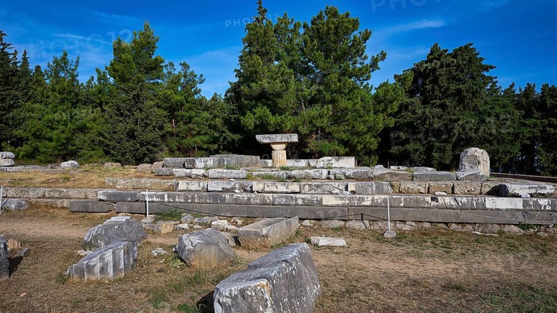 Stone ruins in the open air surrounded by trees, Doric temple, early Christian altar, Asklipion, Asklepieion, healing temple, temple, Hippocrates, Kos, Dodecanese, Greek Islands, Greece