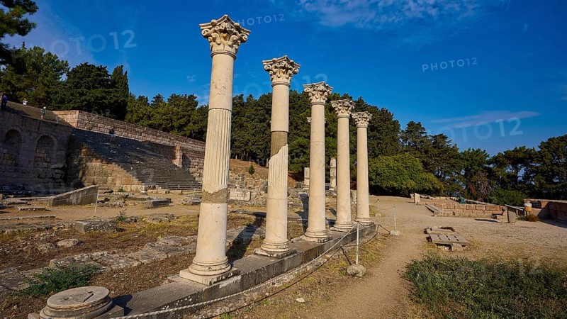 Row of ancient columns rises in a historic site surrounded by trees, Temple of Apollo, Corinthian Columns, Asklipion, Asklepieion, Healing Temple, Temple, Hippocrates, Kos, Dodecanese, Greek Islands, Greece