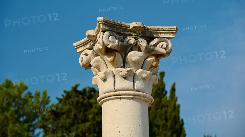 Detailed capital of a column in front of a bright blue sky and trees, Temple of Apollo, Corinthian Columns, Asklipion, Asklepieion, Healing Temple, Temple, Hippocrates, Kos, Dodecanese, Greek Islands, Greece