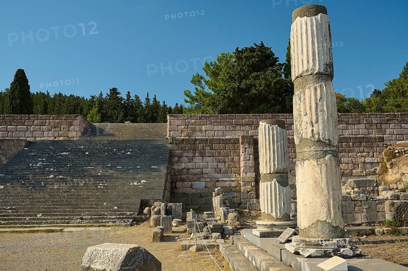 Ruins with broken columns and stone steps under a blue sky, Asklepios Temple, Asklipion, Asklepieion, healing temple, temple, Hippocrates, Kos, Dodecanese, Greek Islands, Greece