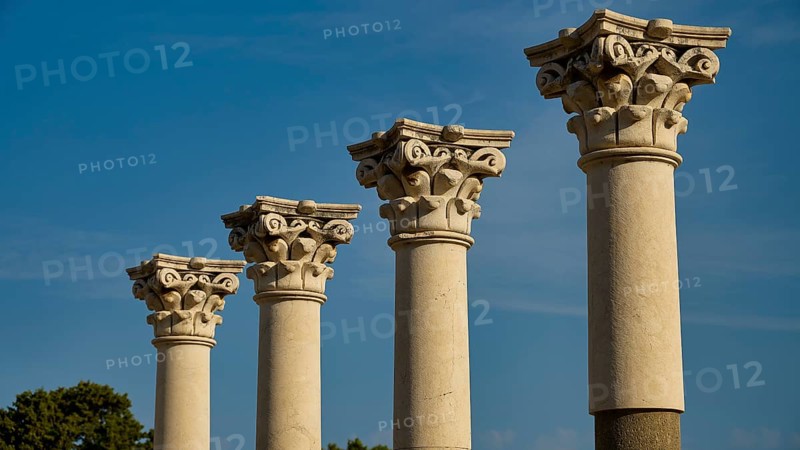 Four ancient columns with ornate capitals against a backdrop of a clear sky, Temple of Apollo, Corinthian Columns, Asklipion, Asklepieion, Temple of Healing, Temple, Hippocrates, Kos, Dodecanese, Greek Islands, Greece