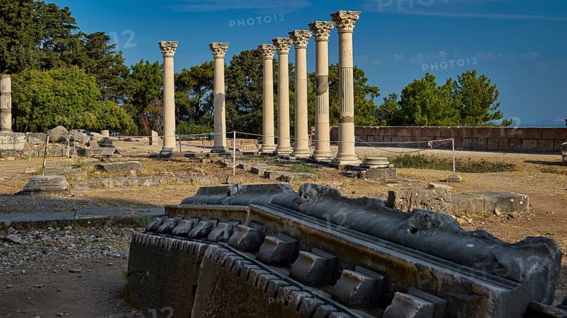 View of ancient ruins with columns in a historical setting under a clear sky, Temple of Apollo, Corinthian Columns, Asklipion, Asklepieion, Healing Temple, Temple, Hippocrates, Kos, Dodecanese, Greek Islands, Greece