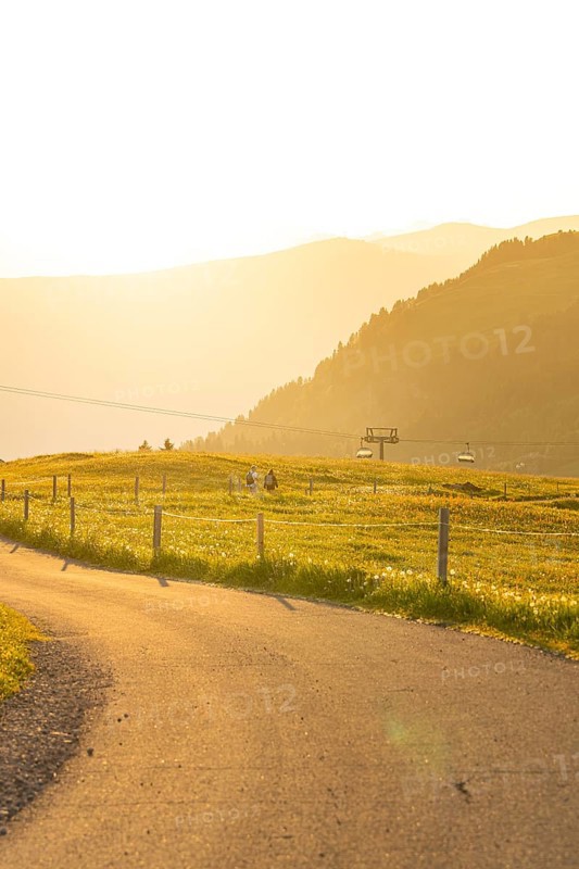 Landscape with rolling hills, a meadow and a cable car at sunset, Alpe di Siusi, Dolomites, South Tyrol, Italy