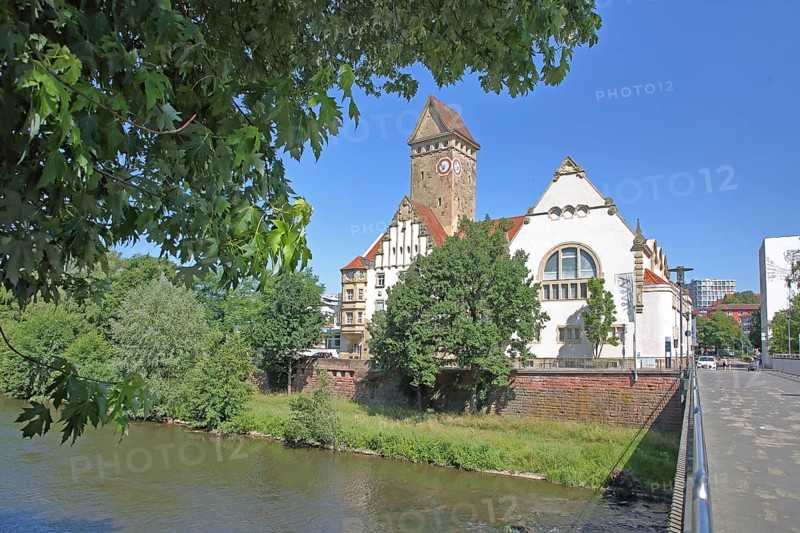 Former Emma-Jaeger-Bad, swimming pool built in 1911 in Art Nouveau style on the River Enz, today's Emma Creative Centre, bank, tower, pedestrian bridge, Pforzheim, Northern Black Forest, Black Forest, Baden-Württemberg, Germany