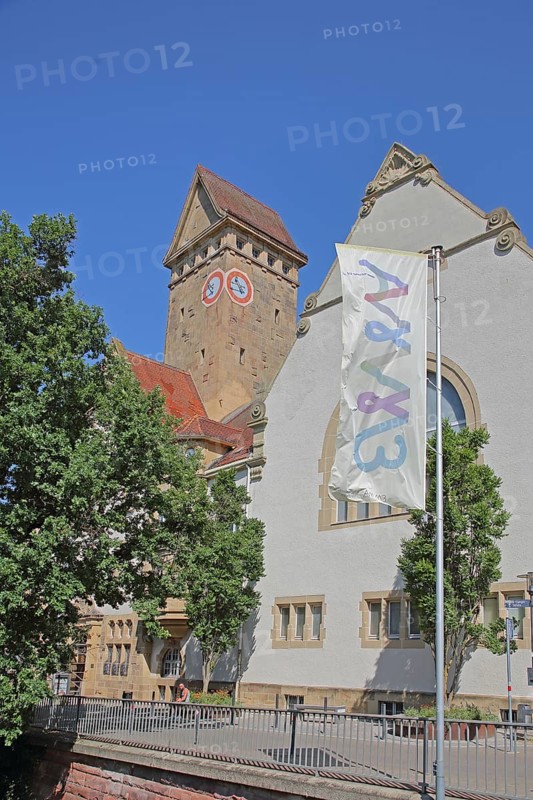 Former Emma-Jaeger-Bad, swimming pool built in 1911 in Art Nouveau style, today's Emma Creative Centre, flag with inscription, tower, Pforzheim, Northern Black Forest, Black Forest, Baden-Württemberg, Germany
