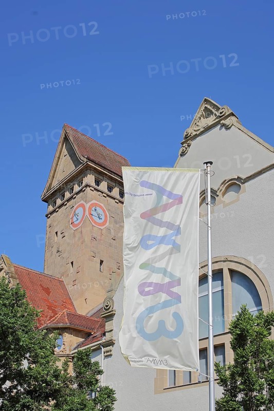 Former Emma-Jaeger-Bad, swimming pool built in 1911 in Art Nouveau style, today's Emma Creative Centre, flag with inscription, tower, Pforzheim, Northern Black Forest, Black Forest, Baden-Württemberg, Germany