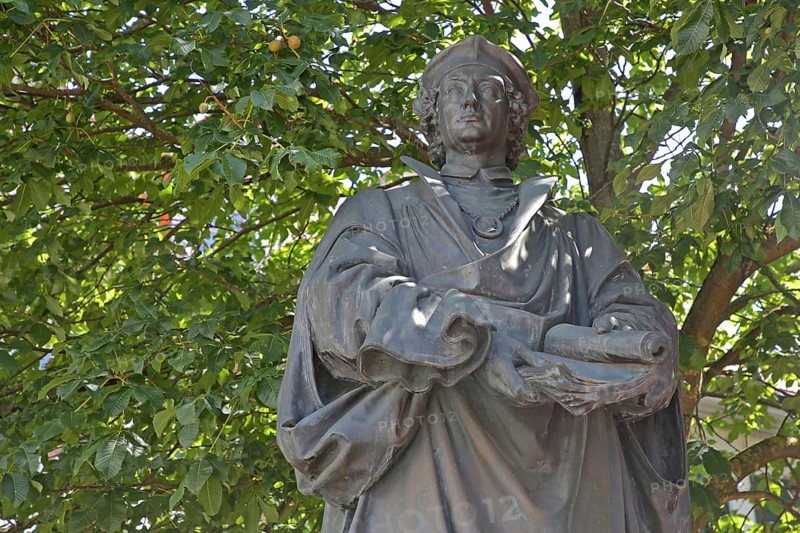 Monument to the humanist and philosopher Johannes Reuchlin during the Renaissance, bronze sculpture, Pforzheim, Northern Black Forest, Black Forest, Baden-Württemberg, Germany
