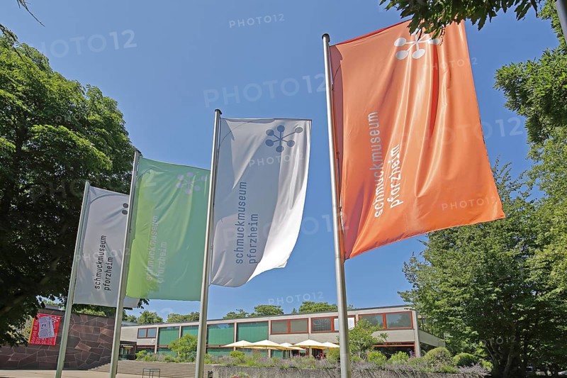 Flags with inscription Jewellery Museum, Reuchlinhaus, Pforzheim, Northern Black Forest, Black Forest, Baden-Württemberg, Germany