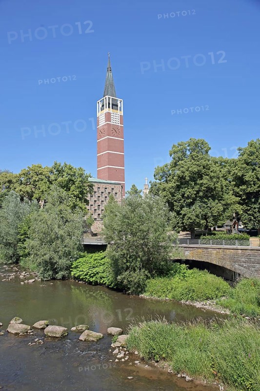 City church built in 1968 on the River Enz, Pforzheim, Northern Black Forest, Black Forest, Baden-Württemberg, Germany