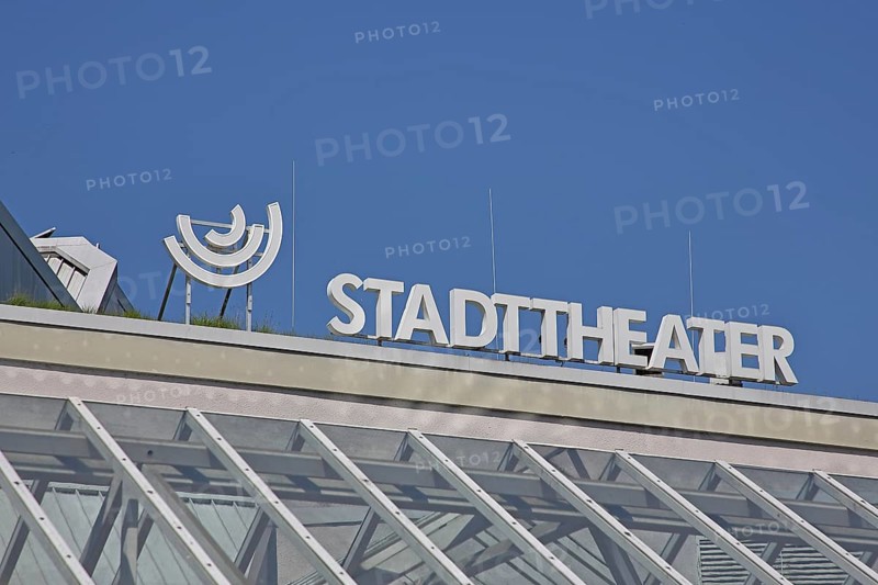 Roof with white inscription city theatre, modern building, emblem, cut-out, detail, Waisenhausplatz, Pforzheim, Northern Black Forest, Black Forest, Baden-Württemberg, Germany
