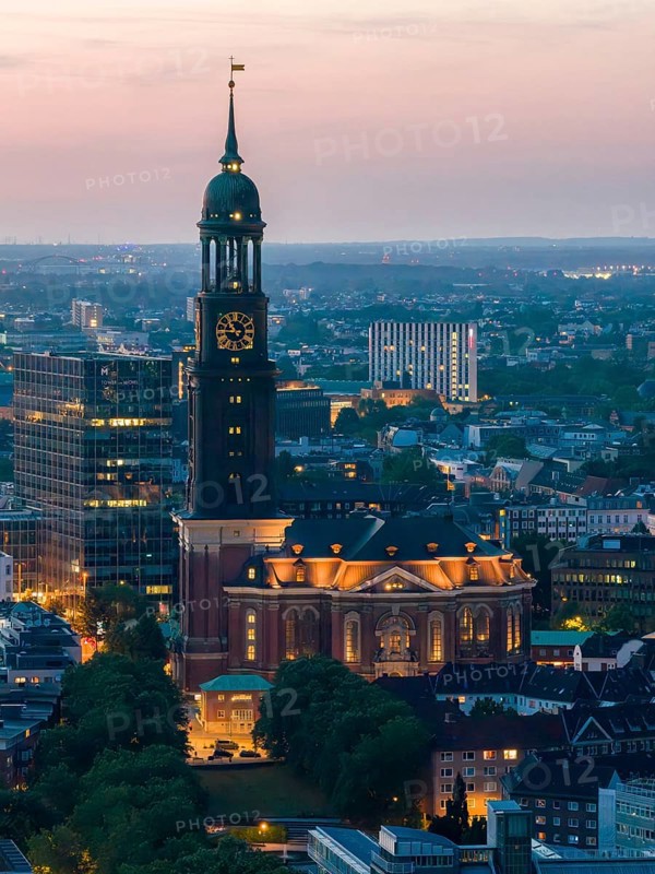 Aerial view of St Michael's Church (Michel) at sunset, Hamburg, Germany