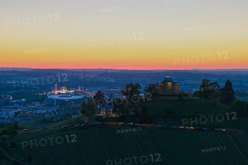 View of a chapel and town at sunset, with lights and vineyards, grave chapel, Zum Württemberg, spring festival, Rotenberg district, Stuttgart, Baden-Württemberg, Germany