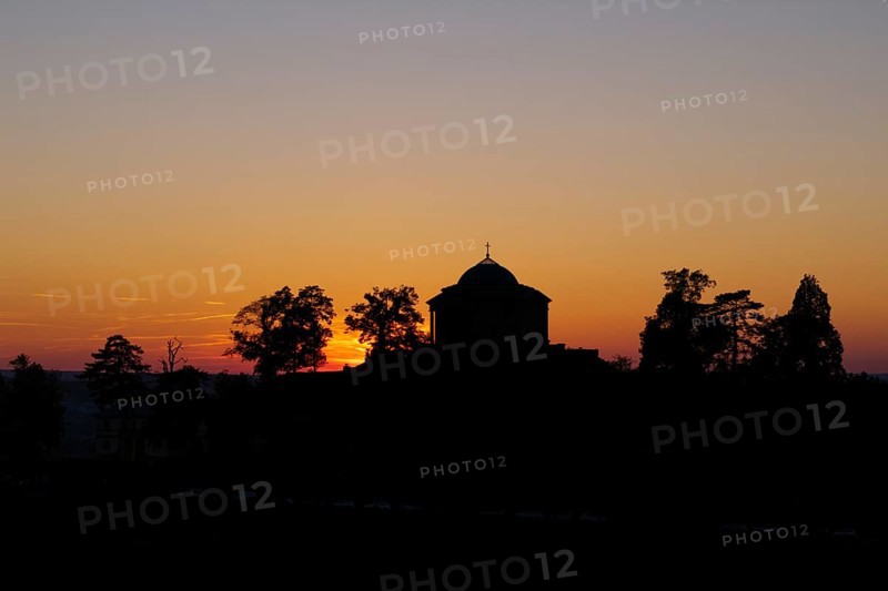 Silhouette of a chapel with trees in the sunset, quiet and peaceful atmosphere, Zum Württemberg, grave chapel, Rotenberg district, Stuttgart, Baden-Württemberg, Germany