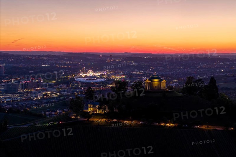 Panoramic view of an illuminated town and chapel at sunset, grave chapel, spring festival, Zum Württemberg, Rotenberg district, Stuttgart, Baden-Württemberg, Germany
