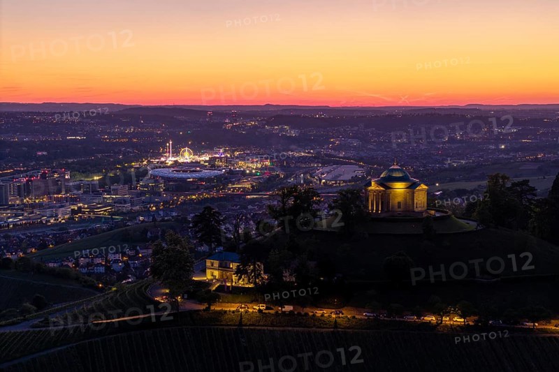 Chapel on the hill with city lights in the background, at sunset, grave chapel, spring festival, Zum Württemberg, Rotenberg district, Stuttgart, Baden-Württemberg, Germany