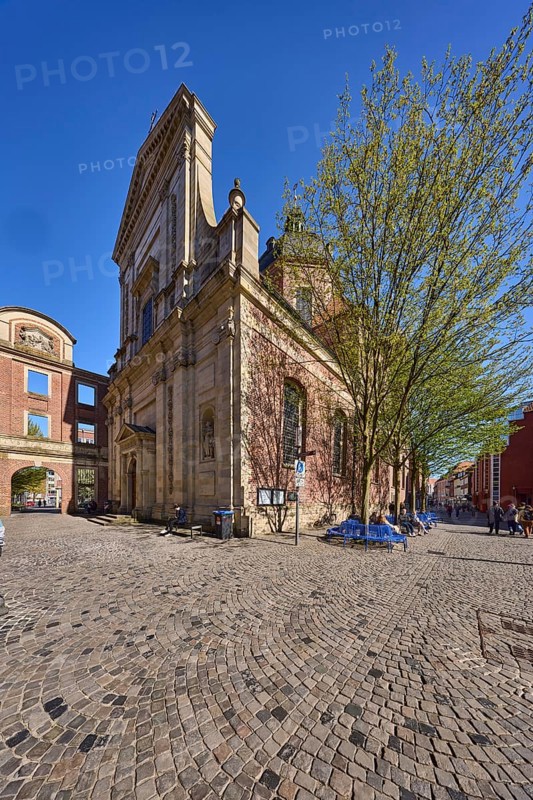 Former Dominican Church, Baroque architectural style, architect Lambert Friedrich von Corfey, church, pedestrian zone, pavement of cobblestones, trees, blue cloudless sky, Salzstraße, Julius-Voos-Gasse, Münster, Münsterland, independent city, North Rhine-Westphalia, Germany