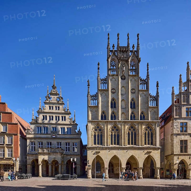 Historic town hall, Gothic architecture, Old town, Historic buildings, Gables, Blue cloudless sky, Prinzipalmarkt, Münster, Münsterland, independent city, North Rhine-Westphalia, Germany