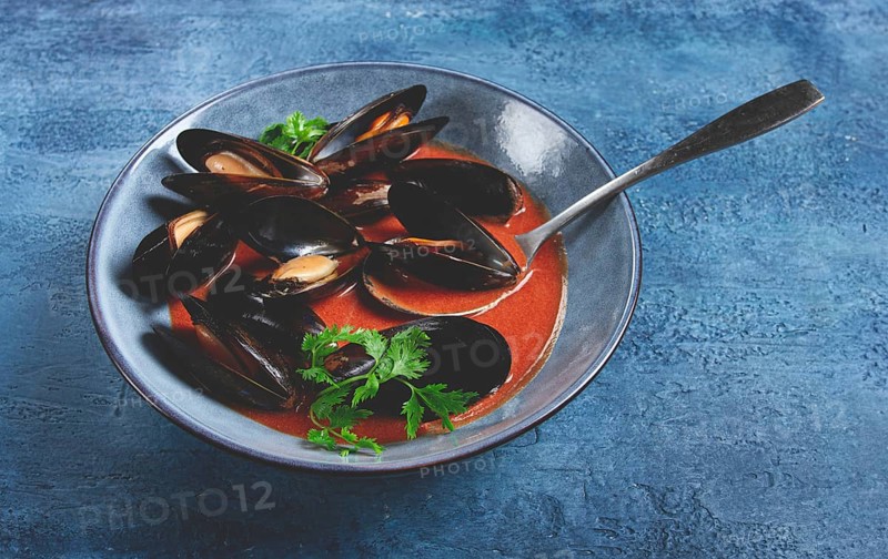 Fra Diavolo mussels, mussels in tomato sauce, Italian dish, on a blue background, homemade, no people
