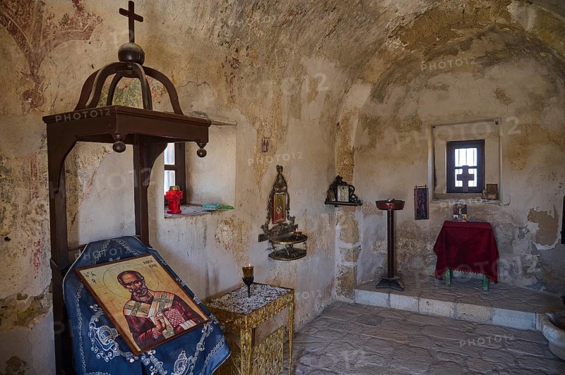 Interior view of a small chapel with icons and religious symbols on the wall, Agios Nikolaos Chapel, Antimacheia, Medieval Fortress, St John's Fortress, Antimachia, Kos, Dodecanese, Greek Islands, Greece