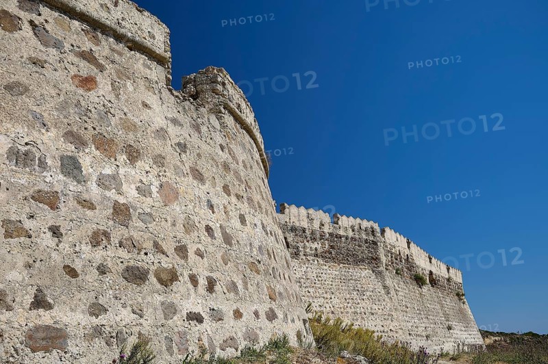 Close-up of massive stone wall building with clear blue sky, Antimacheia, Medieval Fortress, St John's Fortress, Antimachia, Kos, Dodecanese, Greek Islands, Greece