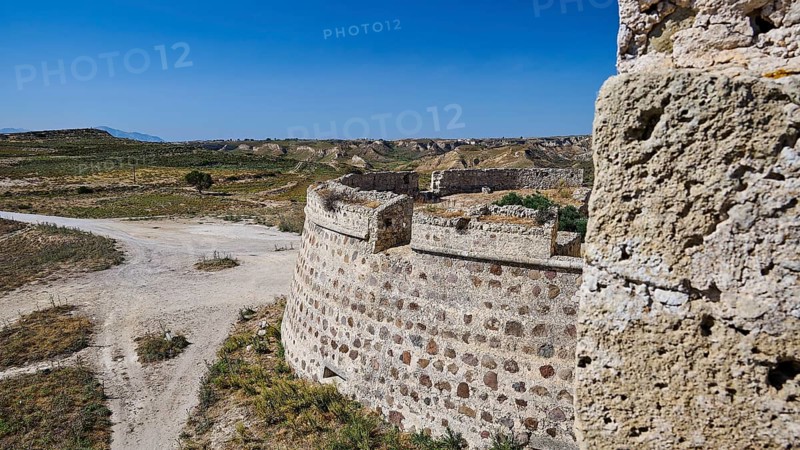 Bastion, Defence walls, Massive stone fortifications in a dry, extensive landscape, Antimacheia, Medieval fortress, St. John's fortress, Antimachia, Kos, Dodecanese, Greek Islands, Greece