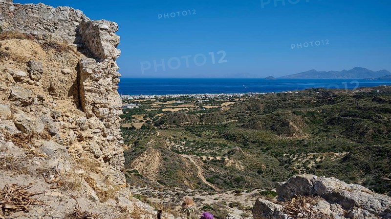 Rocky ruins with views of the sea and a hilly coastal landscape, Kardamina, Antimacheia, Medieval fortress, St John's fortress, Antimachia, Kos, Dodecanese, Greek Islands, Greece