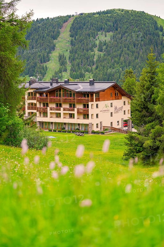 Steger Dellai hotel building in front of a green mountain landscape and meadows, Alpe di Siusi, South Tyrol, Dolomites, Italy