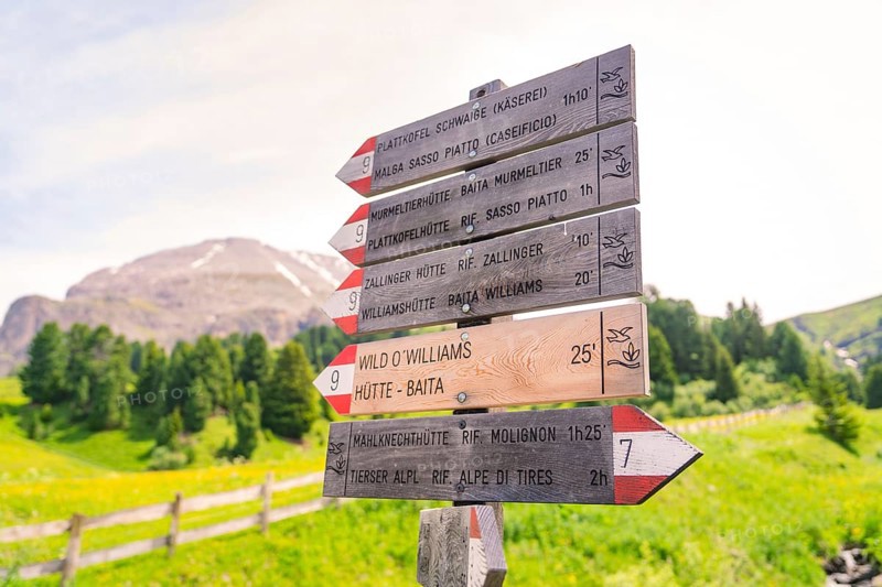 Several signposts give hikers orientation with picturesque mountain scenery, Alpe di Siusi, South Tyrol, Dolomites, Italy