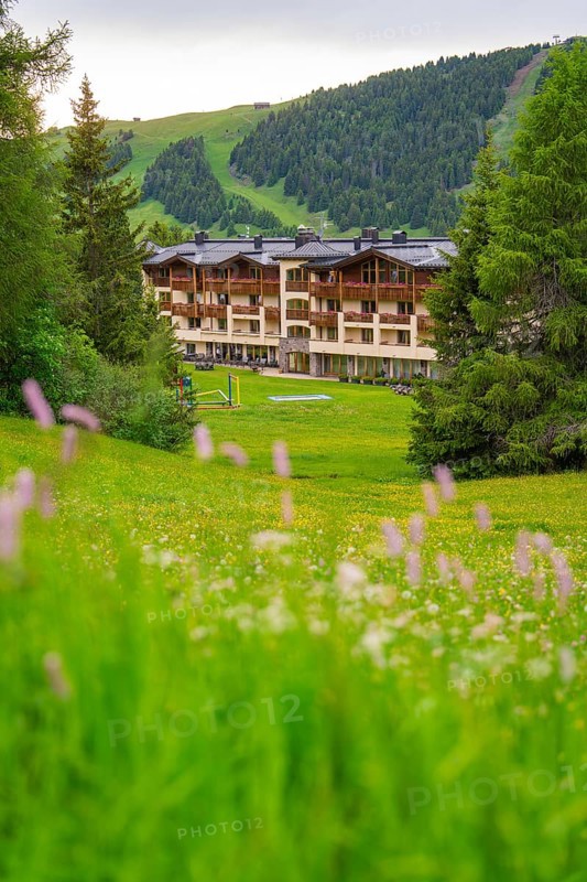 Hotel in the middle of a green landscape with surrounding forests and mountains, Alpe di Siusi, South Tyrol, Dolomites, Italy