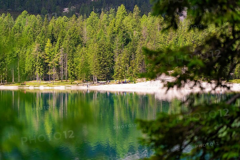 A peaceful lake with surrounding forest and reflections in the water, Pragser Wildsee, South Tyrol, Dolomites, Italy