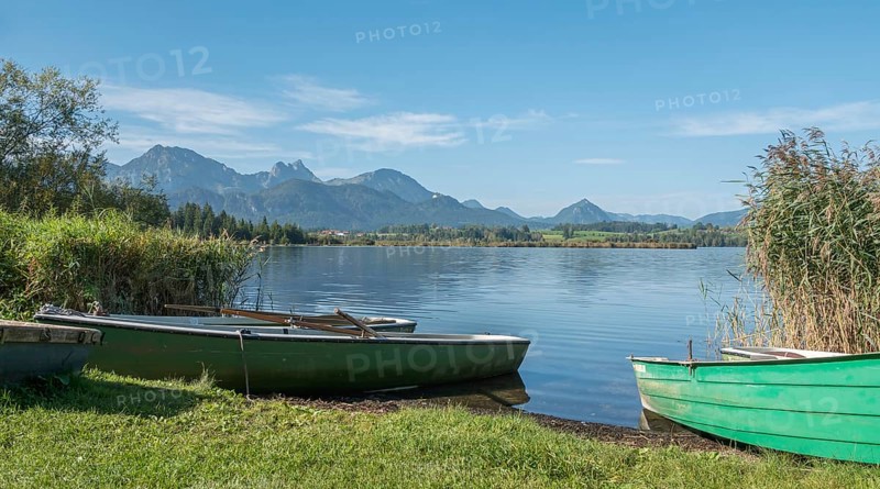 Rowing boats on Lake Hopfensee, Hopfen am See, near Füssen, Allgäu Alps, East Allgäu, Allgäu, Bavaria, Germany