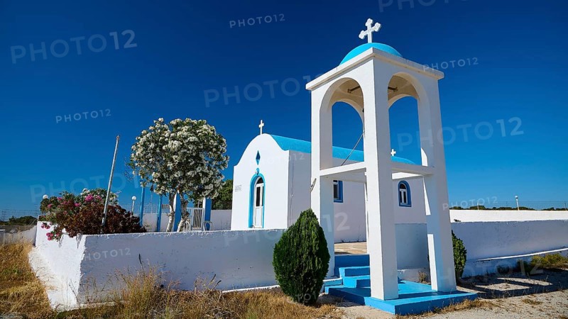 Chapel of Agios Charalambos, chapel with cross and bell tower in a natural setting, Kefalos, Kos, Dodecanese, Greek Islands, Greece