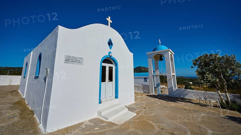 Chapel of Agios Charalambos, White chapel with blue detail and free-standing bell tower, Kefalos, Kos, Dodecanese, Greek Islands, Greece