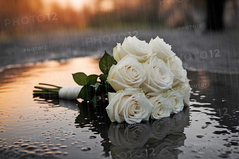 White rose wedding bouquet in puddle during heavy rain. Dramatic image symbolizes heartbreak and the emotional weight of a ruined wedding. Generative AI, AI generated