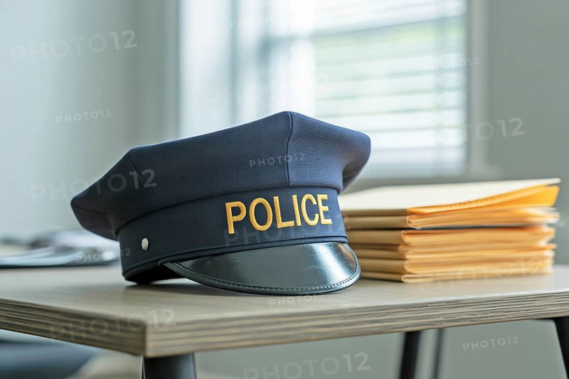 Navy police hat on wooden desk in modern office. Symbol of law enforcement, authority, and administrative duty, generative ai, AI generated