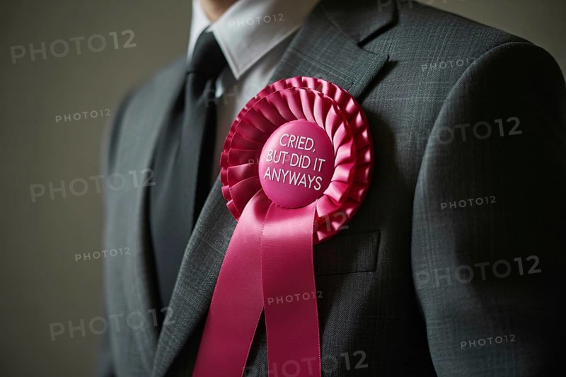 Satirical rosette on men's suit with text I cried, but I did it anyways. Irony of self-congratulation and exaggerated male fragility. Generative AI, AI generated