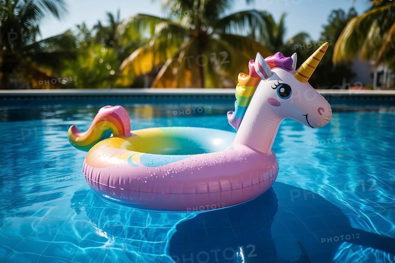 Colorful unicorn pool float drifting in sunny tropical pool. Playful summer scene captures leisure, fun, and childhood nostalgia. Generative ai, AI generated