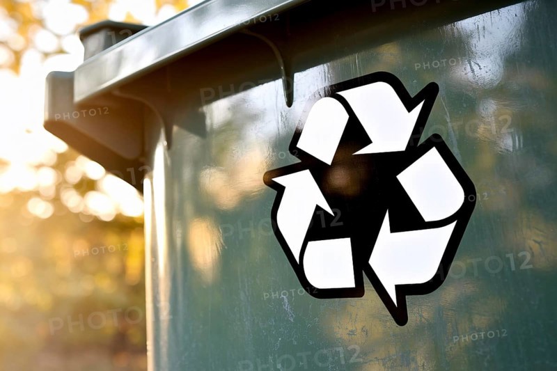 Close-up of recycling symbol sticker on weathered green garbage can. Warm sunlight filters through trees, highlighting eco-friendly message. Generative ai, AI generated
