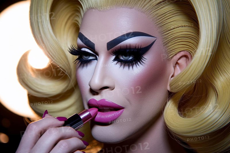 Drag queen with yellow blonde hair applying bright pink lipstick. Generative AI, AI generated