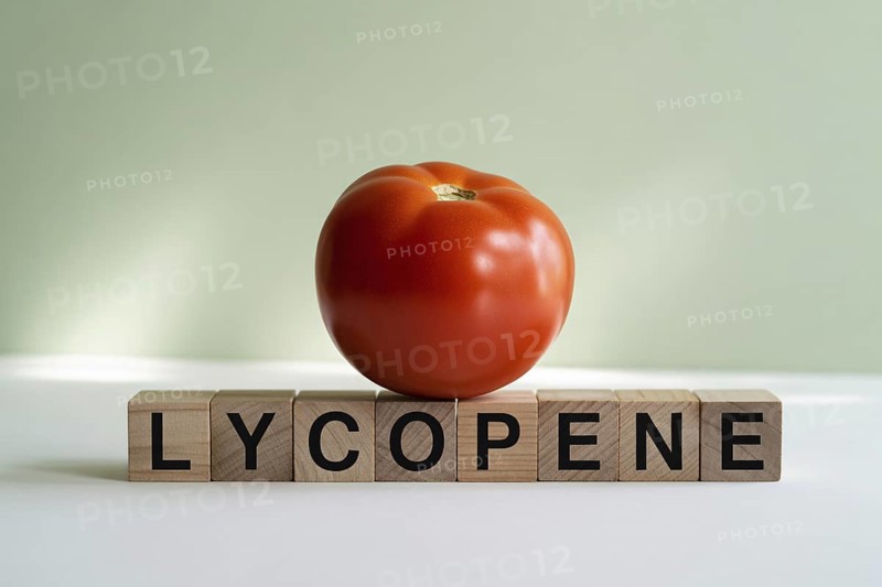 Red tomato with wooden blocks spelling Lycopene. Minimalist studio image emphasizing antioxidant-rich produce. Generative ai, AI generated