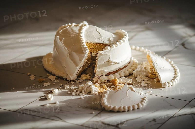Shattered wedding cake in pieces on pristine marble floor under warm indoor lighting. Generative ai, AI generated