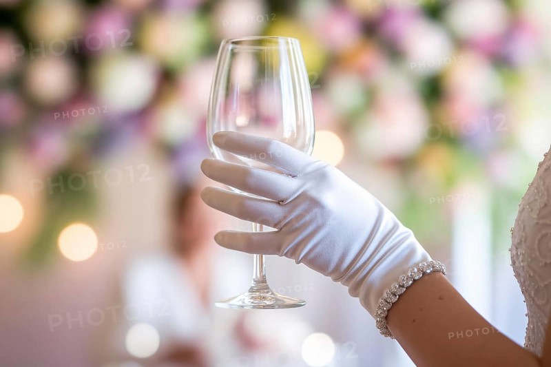 White silk glove holding empty wine glass at wedding reception. Generative Ai, AI generated