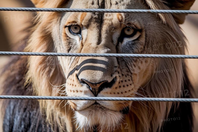 Close-up of a lion behind a fence in a zoo. Powerful wildlife portrait highlighting captivity. Generative ai, AI generated